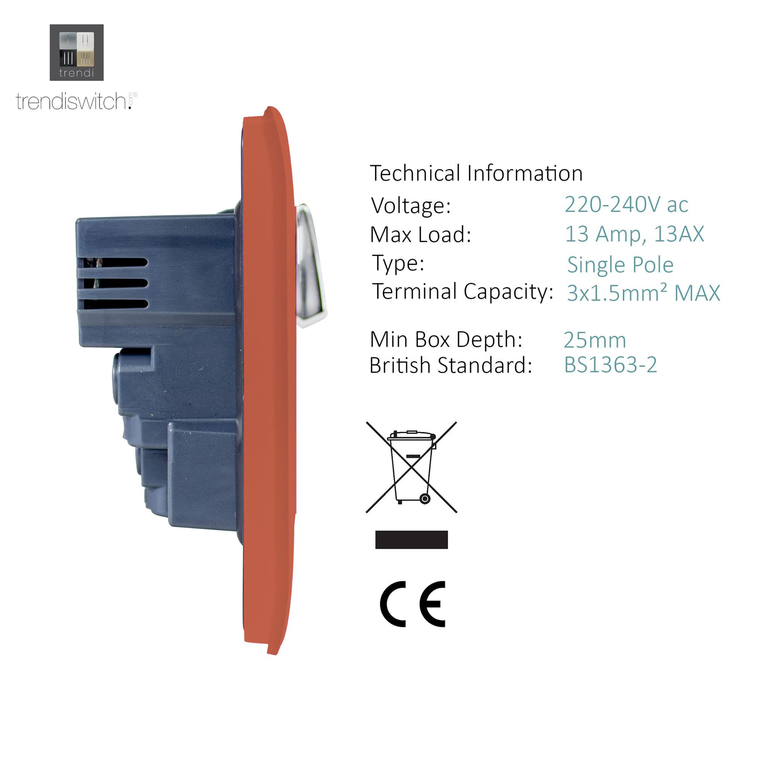 1 Gang Switched Single Socket 13A With 2 x USB-A 10W (Shared) With Neon Insert Copper ART-SKT13USBCPR  Trendi Copper